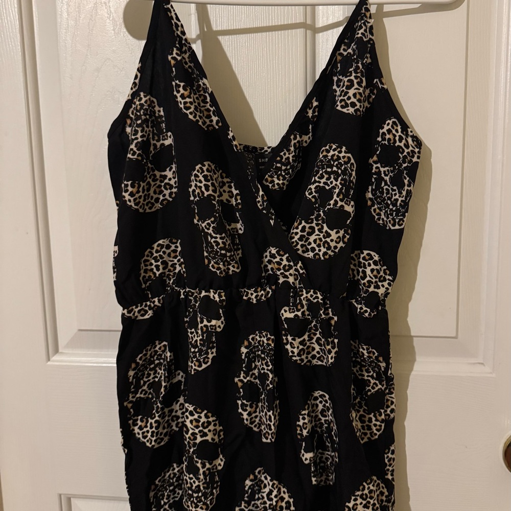 Spaghetti Strap Black Utility Romper with Leopard Skull Print